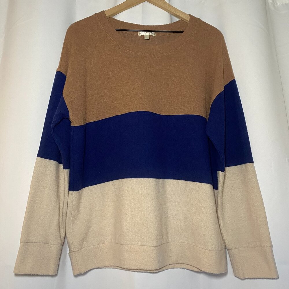 Nine Britton Dalia Brushed Knit Sweatshirt Womens L Colorblock Tan Navy Beige EC